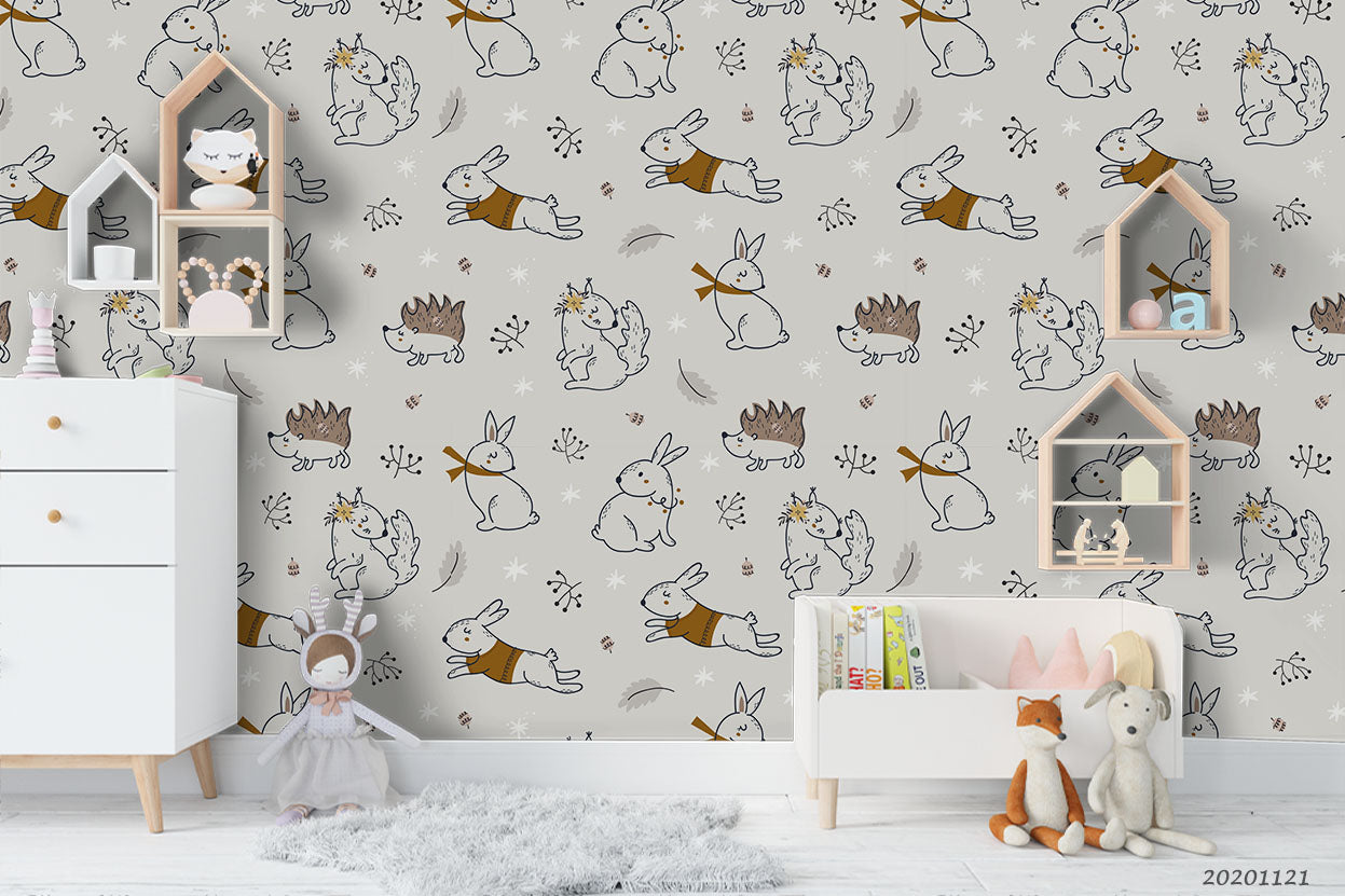 3D Cartoon Hand Drawn Bunny Animal Pattern Wall Mural Wallpaper Lxl