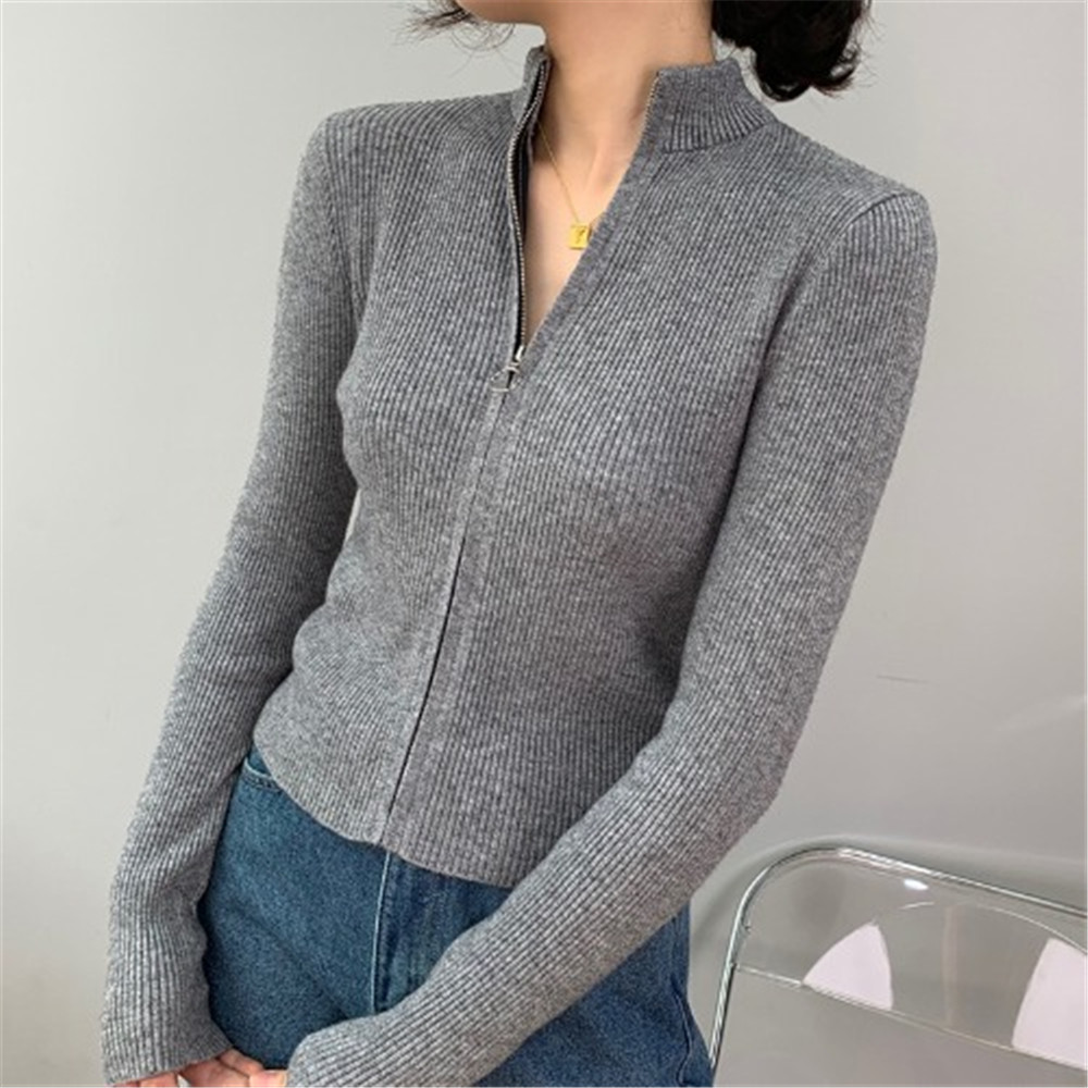 Autumn Elegant High Neck Zipper Knitted Sweater Women Solid Basic Cropped Cardigan Winter Fashion Clothing 2022 Korean Slim Tops alx