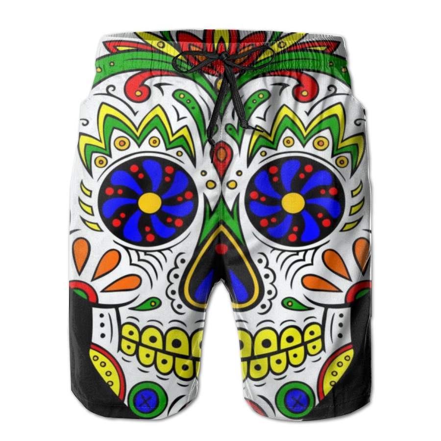 2 Pack Day Of The Dead Skull Dia De Los Muertos Poster Men Swim Trunks Drawstring Elastic Waist Quick Dry Beach Shorts with Mesh Lining Swimwear Bathing Suits