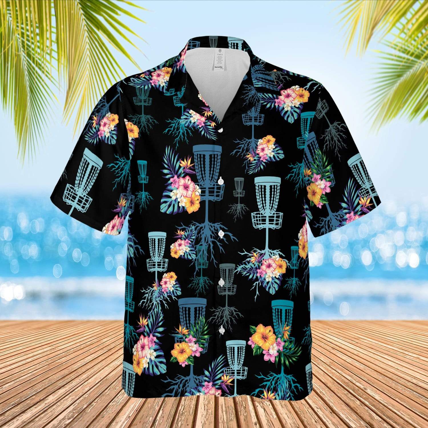 Hawaii Aloha Shirt Made In Disc Golf Floral On Black Ha66420