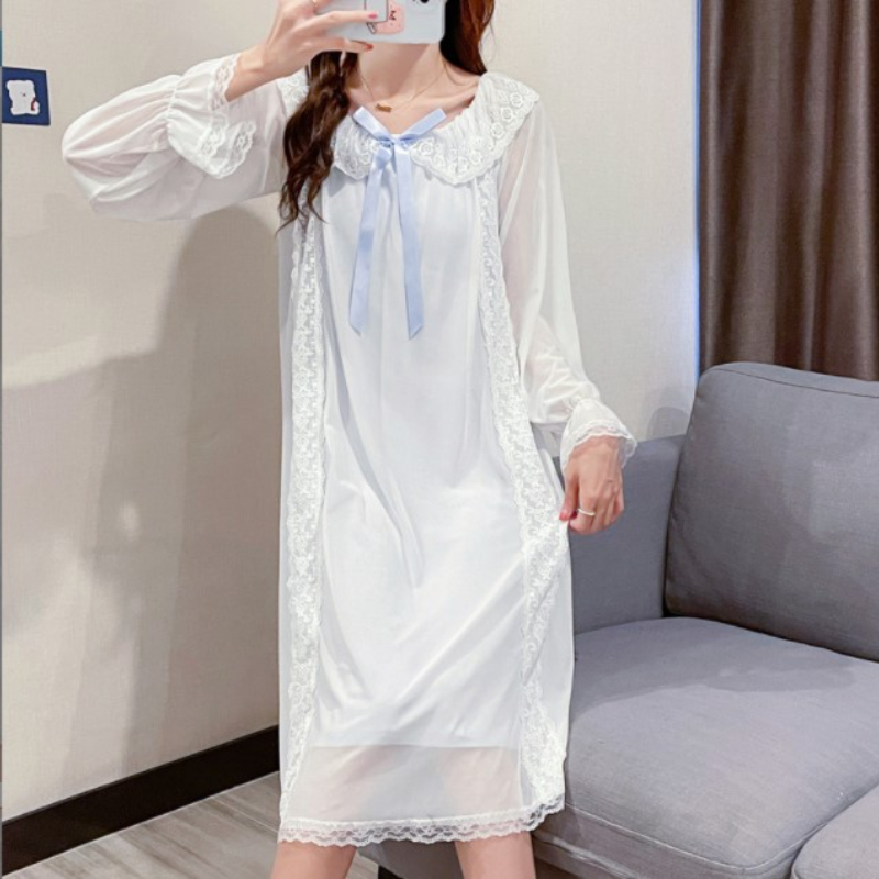 Women Romantic Nightgowns Mesh Long Sleeve Fairy Night Dress Victorian Lace Peignoir Vintage Lolita Nightie Princess Sleepwear alx