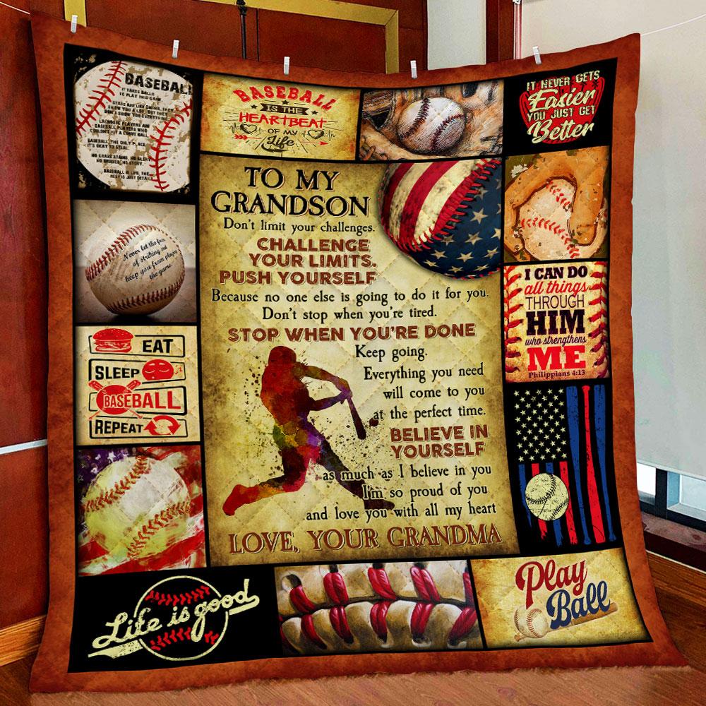Grandma To Grandson, Don’T Limit Your Challenges, Challenge Your Limits Baseball Quilt Blanket