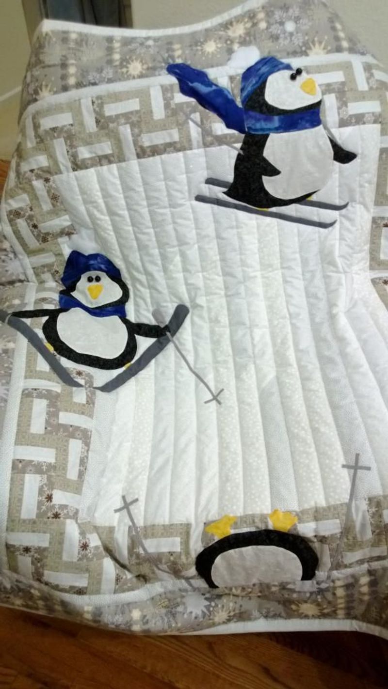 Skiing Penguin Quilt Blanket