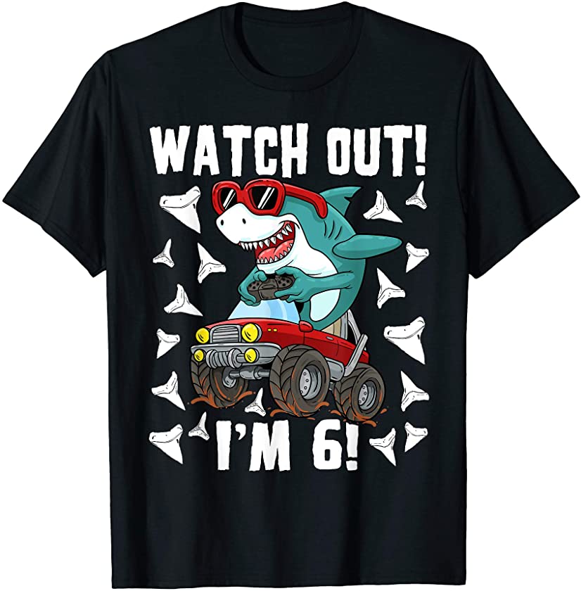 6 Years Old 6th Birthday Shark Boy Girl Monster Truck Gamer T-Shirt