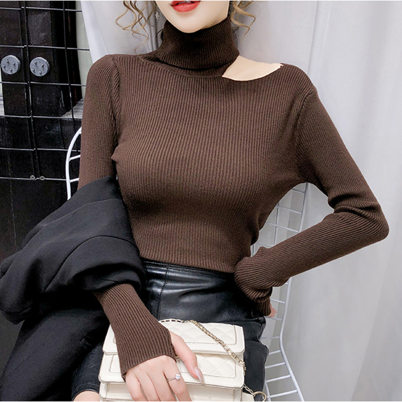 2022 Autumn Winter Thick Sweater Women Knitted Ribbed Pullover Sweater Off Shoulder Turtleneck Slim Jumper Soft Warm Pull Femme alx