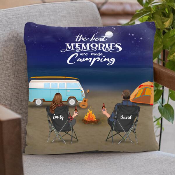 Custom Personalized Beach Camping Pillow Cover – Couple With Upto 6 Kids And 6 Pets – Best Gift For Camping Lover – The Best Memories Are Made Camping
