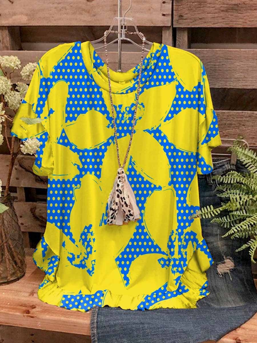 Women Casual Blue And Yellow Printed Neck Casual Shirts Top