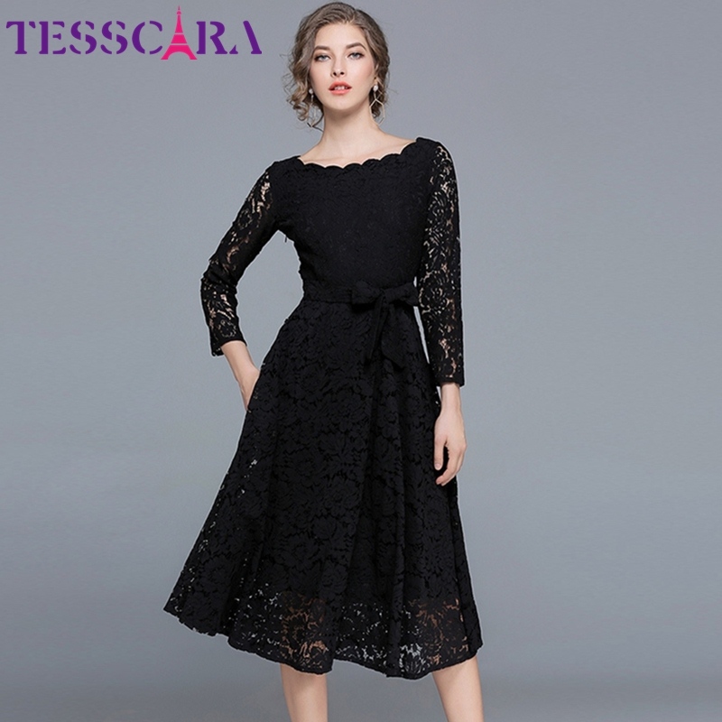 TESSCARA Women Spring Elegant Long White Lace Dress Female Wedding Cocktail Party Robe High Quality Vintage Designer Vestidos alx