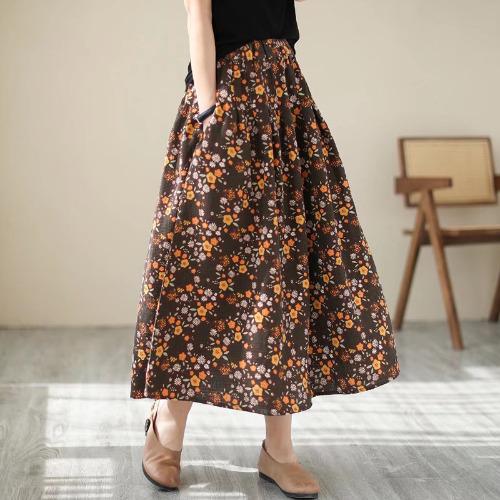 Women Summer Cotton Linen A-line Skirt Elastic High Waist Print Floral Skirt Elegant Casual Skirts For Women Big Swing Skirts alx