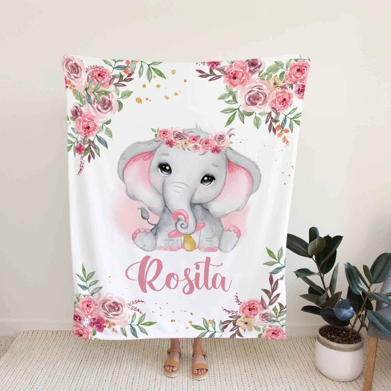 Personalized Name Elephant Rose Blanket, Best Gift For Baby, Newborn Plush Fleece