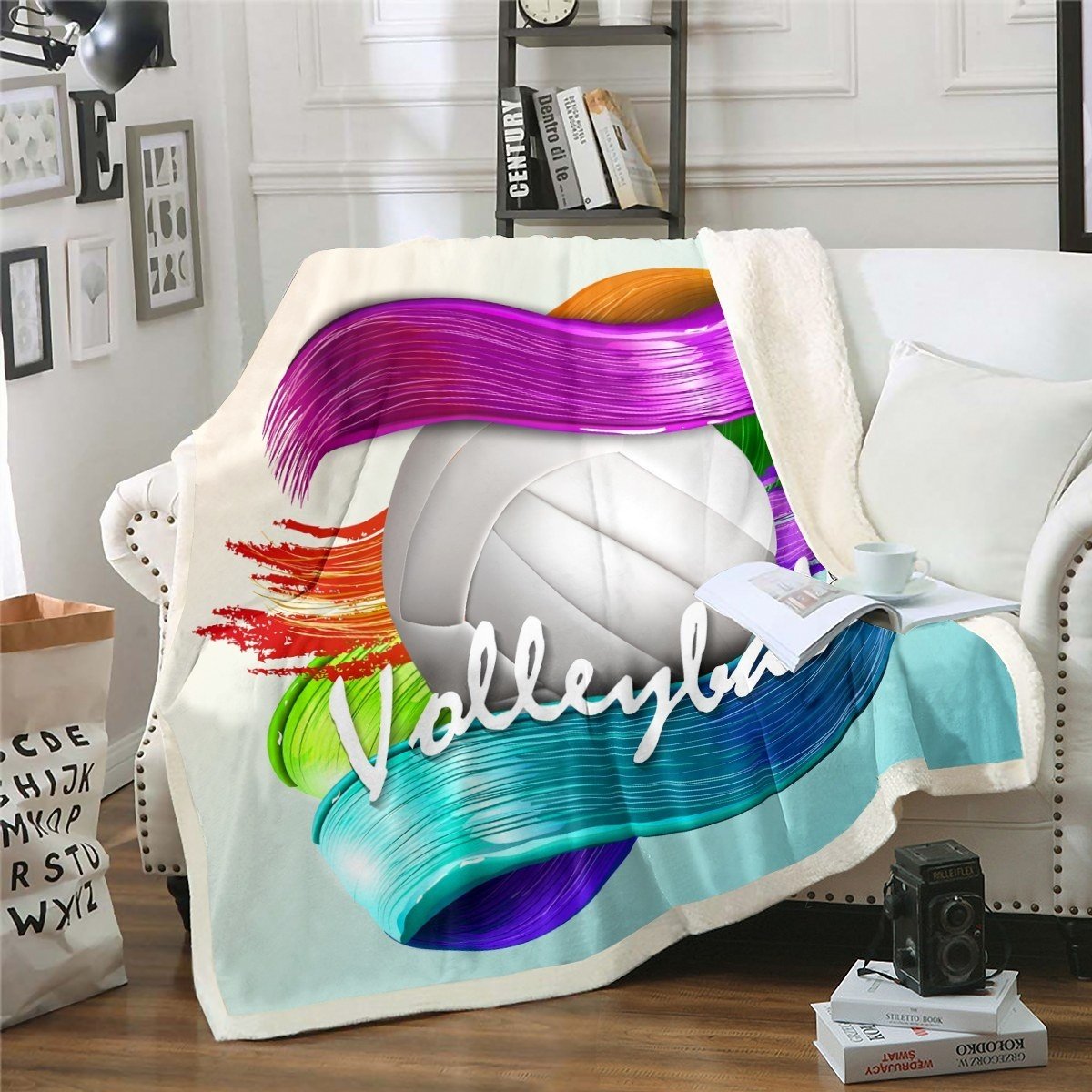 Volleyball Throw Blanket for Couch Bed Sofa Sports Theme Fleece Blanket 3D Ball Pattern Sherpa Blanket Room Decor Colorful Stripe Design Fuzzy Blanket  Warm Flannel Balnket