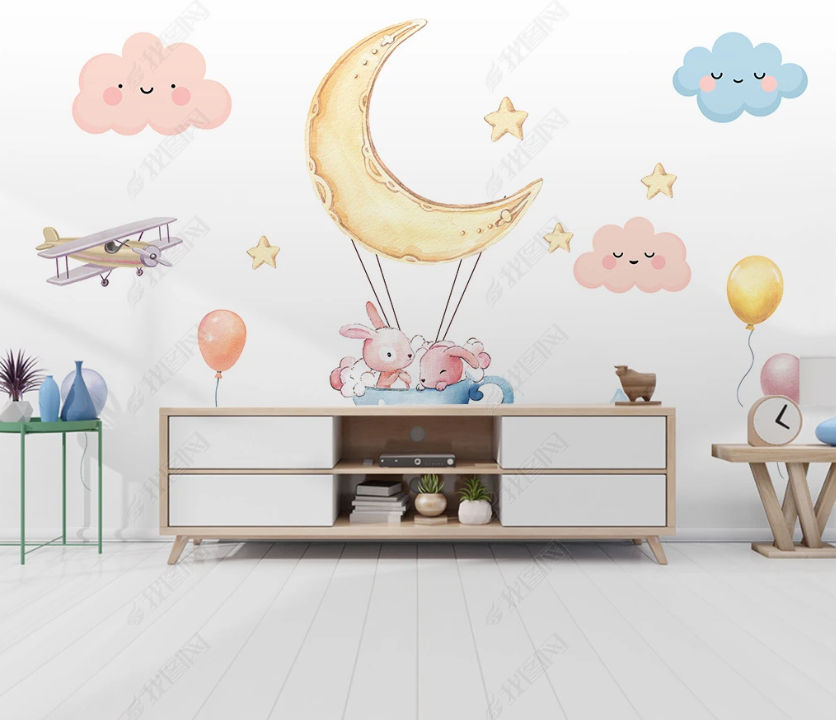 3D Hand-Painted Cartoon Animal Moon Clouds Airplane Wall Mural Wallpaper Sww3238