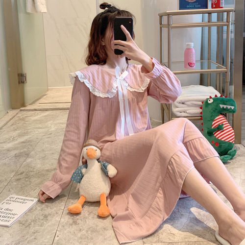 Women Long Sleeve Sleepshirts Princess O-neck Nightgown Bow Lace Sweet Spring Comfortable Home Cute Student Loungewear Pregnant alx