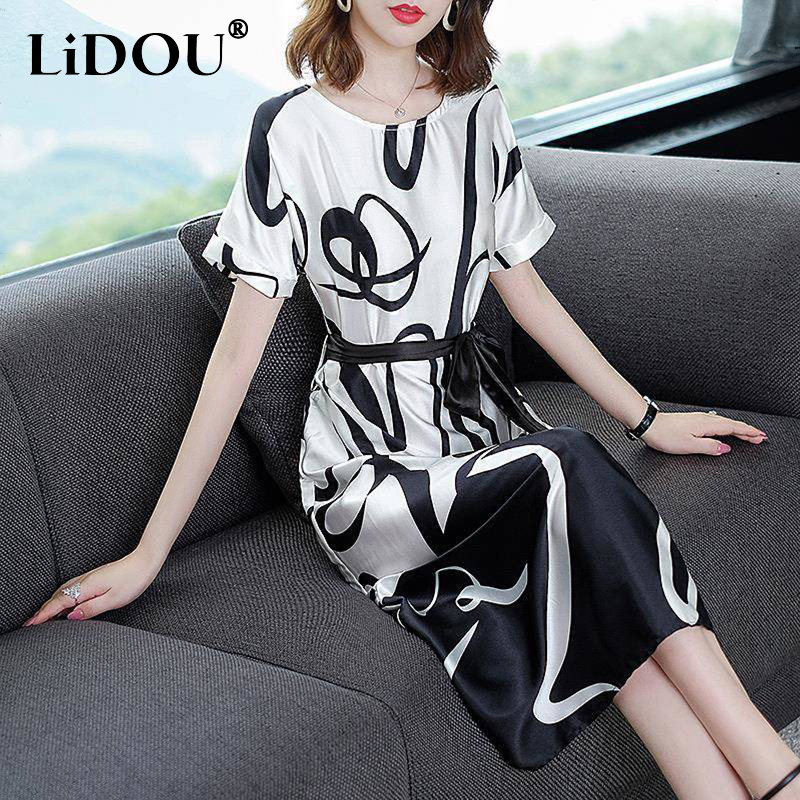 Summer New Print Elegant Fashion Long Dress Women Short Sleeve Aesthetic Chic Vestidos De Fiesta Sweat Sexy Casual Robe Femme alx