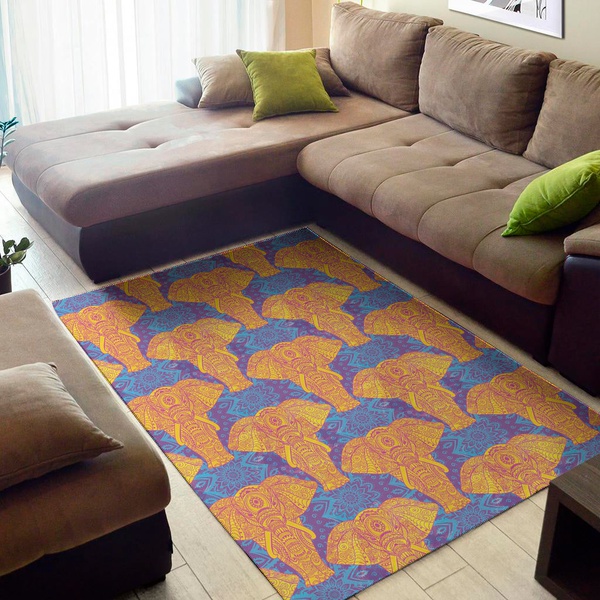 Yellow Mandala Elephant Pattern Print Area Rug