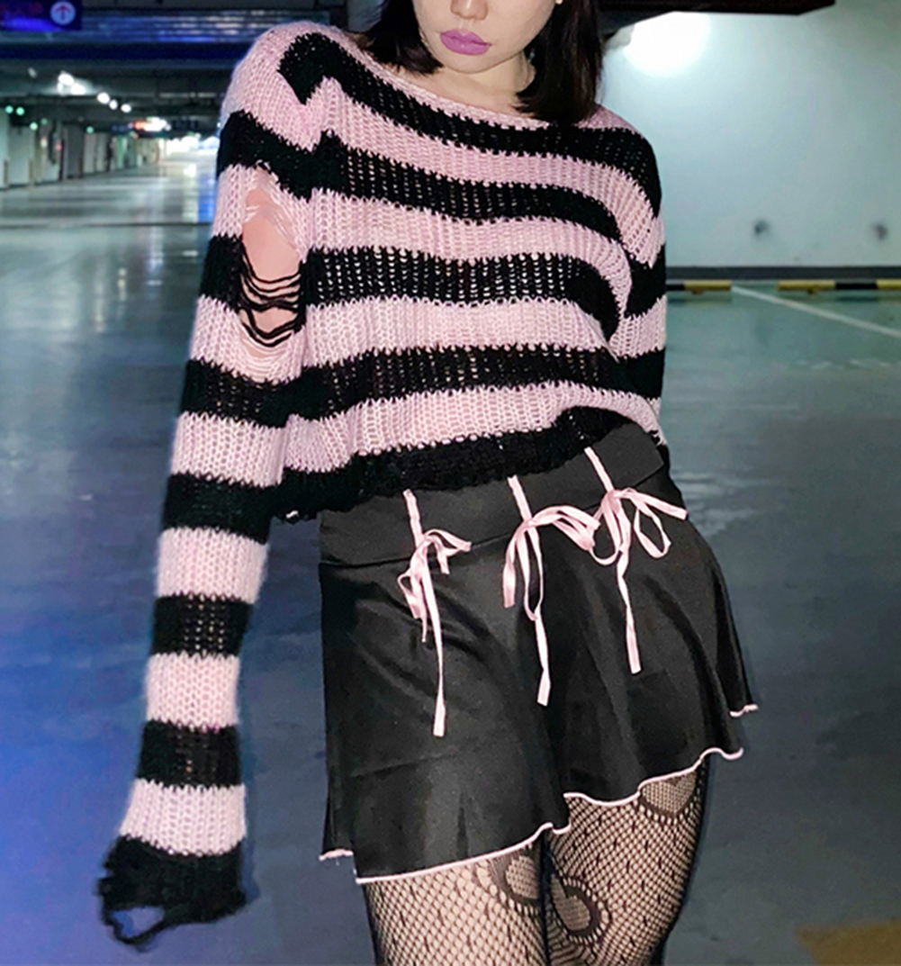 Women Punk Gothic Striped Hollow Out Sweater Color Block Long Sleeve Ripped Oversized Pullovers Retro Casual Knitted Jumpers alx