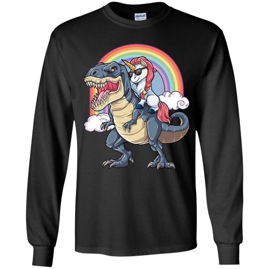 Unicorn Riding Dinosaur T Rex T Shirt Unicorns Rainbow Gifts Youth Long Sleeve Shirt