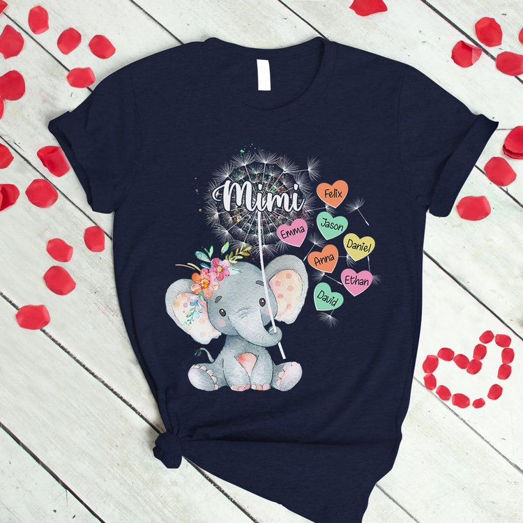 Personalized Grandma Baby Elephant Shirt, Custom Grandma Nickname Elephant with Flowers Shirt, Custom Heart Shape Kidnames Mimi Shirt