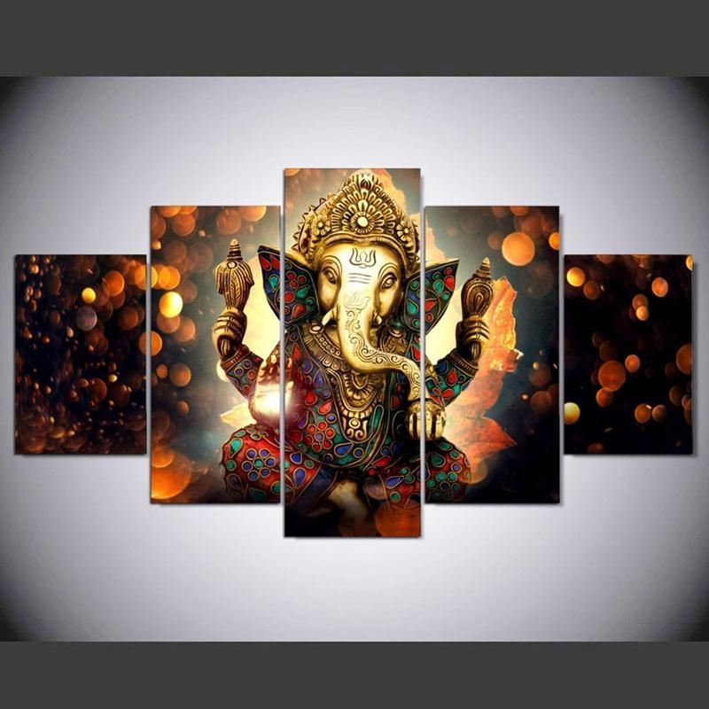 Ganesha Elephant Trunk God Religion 5 Panel Canvas Art Wall Decor