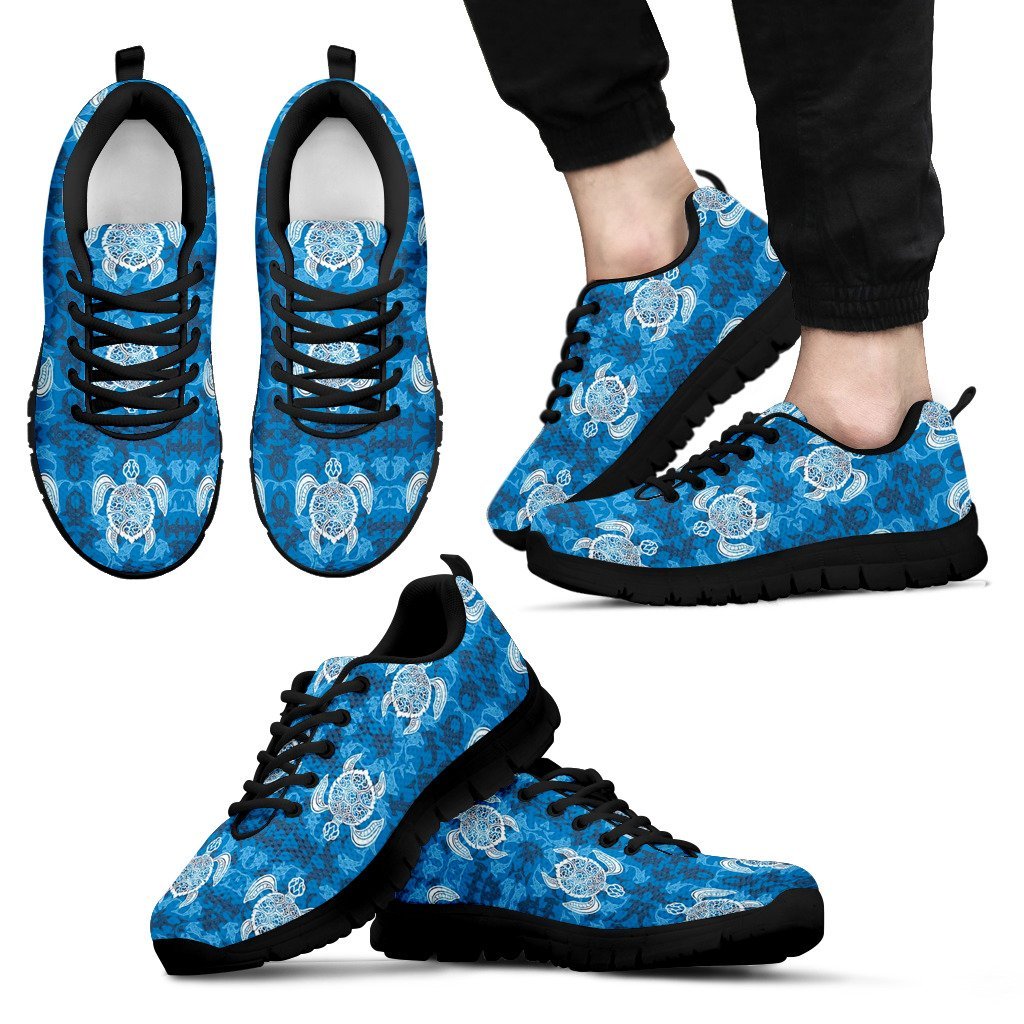 Blue Hawaiian Shark Sea Turtle Pattern Print Black Sneaker Shoes For Men Women