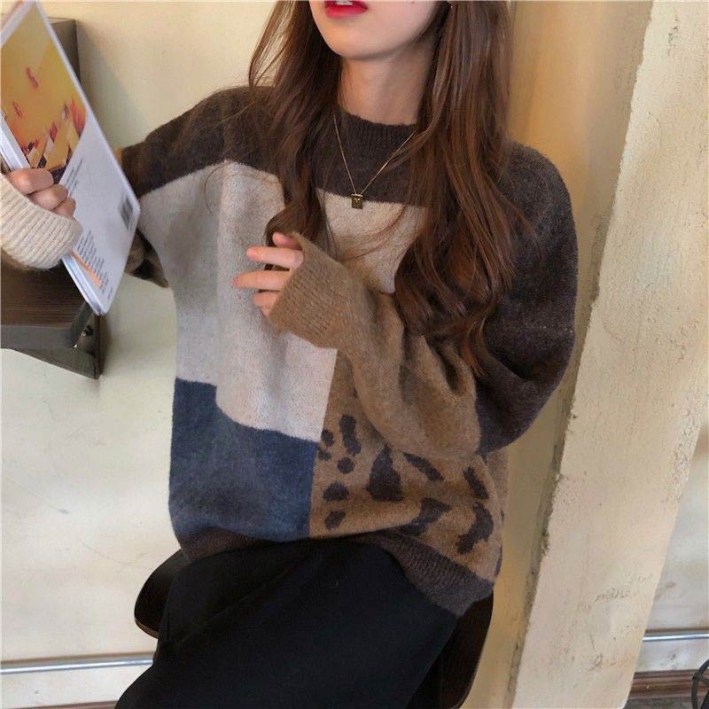 Sweater Women Vintage Leopard Pullover Patchwork Knitted Jumpers Korean Style Loose Tops Pull Jumpers Winter Cloth Women alx