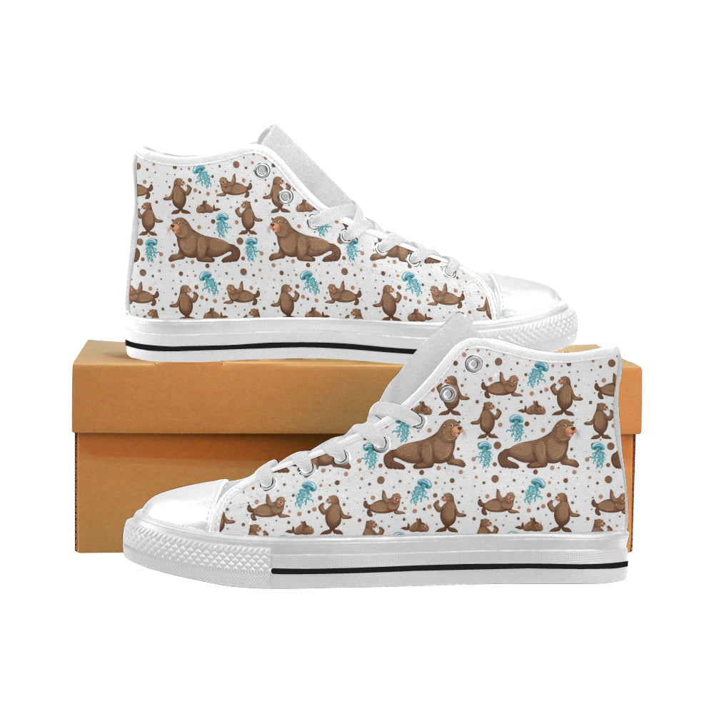 Sea Lion Seals Jellyfish Pattern Men’S High Top Canvas Shoes White Gift For Men Women