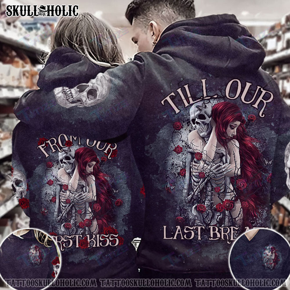 Matching Couple Shirt Couple First Kiss Last Breath Skull With Girl 3D All Over Printed Shirt, Sweatshirt, Hoodie, Bomber Jacket Size S – 5Xl