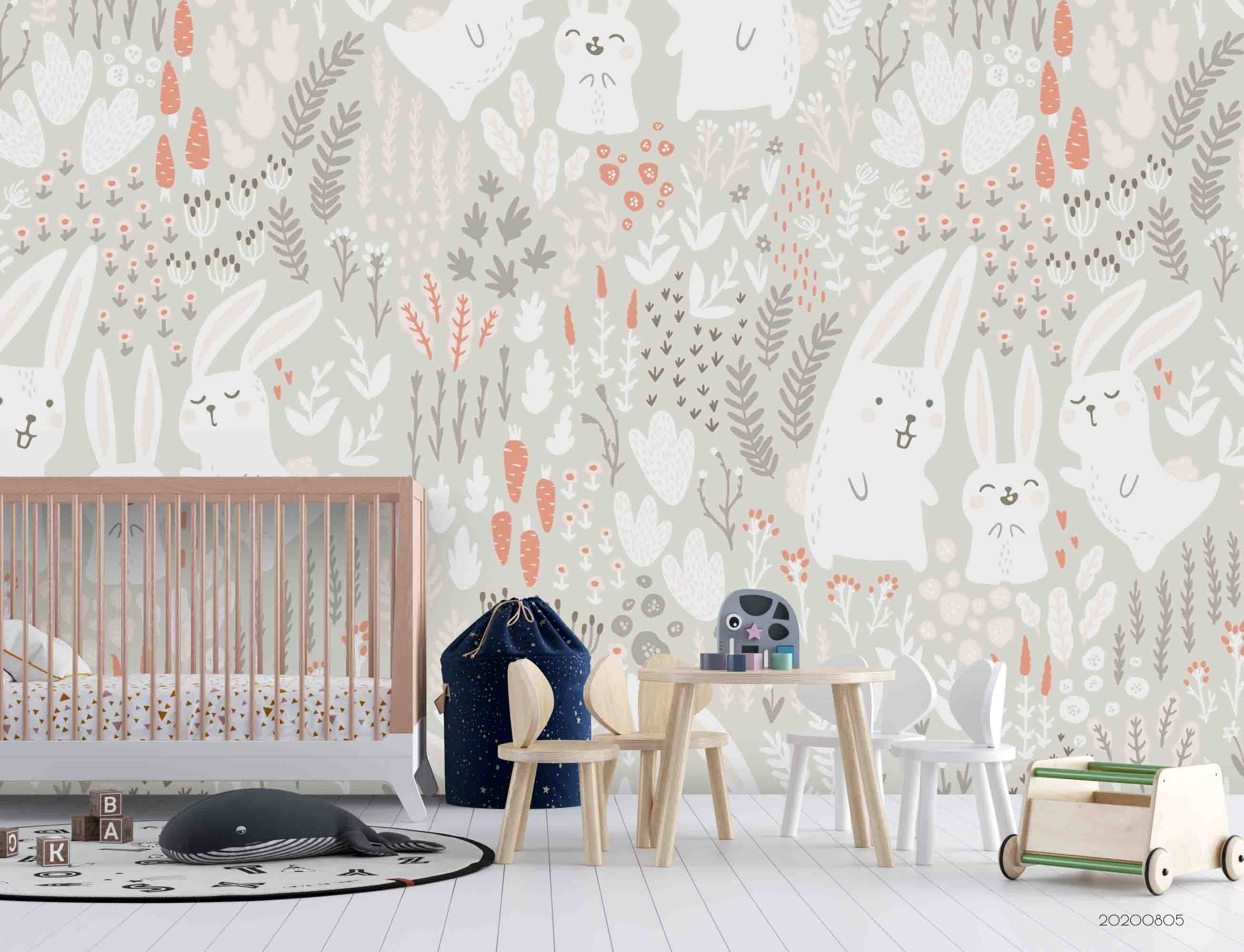 3D Rabbit Floral Wall Mural Wallpaper Sf 02