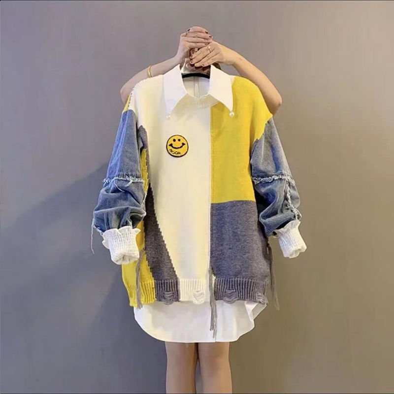 2022 Spring New Cute Smiling Face Elegant Women’s Sweater Casual Splicing Sweater White Shirt Two-piece Jacket Sweater Oversize alx