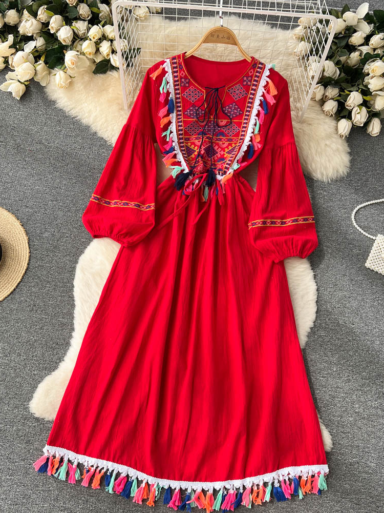 2022 New Ethnic Style Embroidered Dress Women’s Loose Cotton Tassel Long-sleeved Temperament A-line Dress for Women D1032 alx