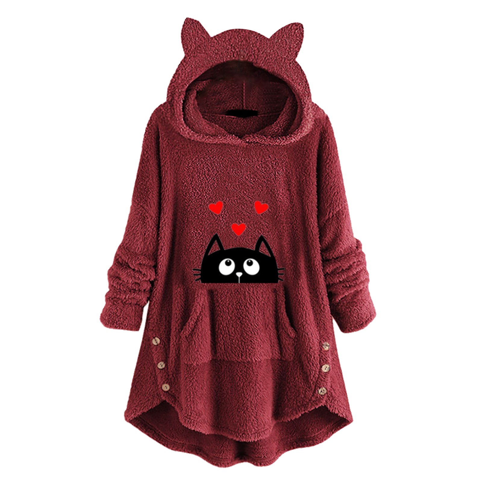 Cat Love Print Fluffy Hoodie Womens Oversize Sweatshirts Fleece Teddy Hooded Blanket Pullover Top Cozy Soft Lounge Cute Sudadera alx