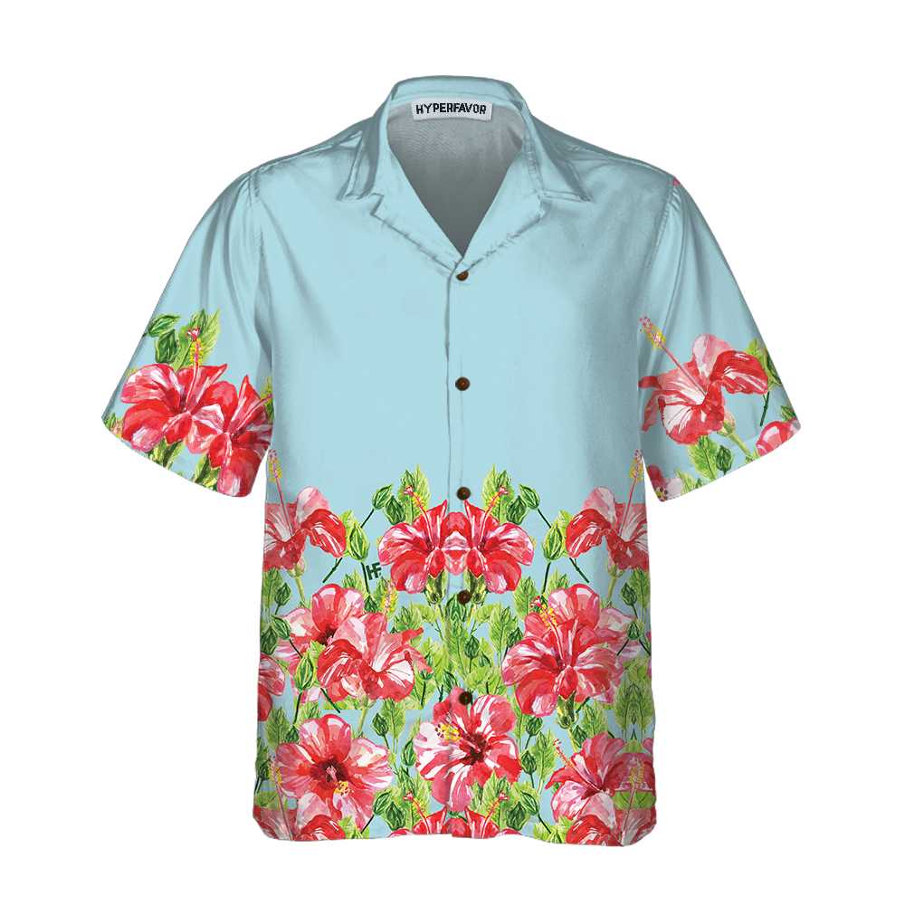 Watercolor Hibiscus Flower Hawaiian Shirt, Short Sleeve Red Hibiscus Print Shirt