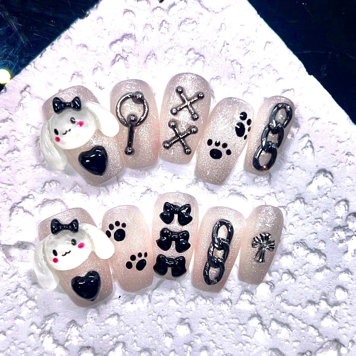 Light Rose Pink Glitter Black Puppy Press On nails/ Gothic chain Fake nails/ black bow tie/ paw nail/ Cute Kawaii nails #331