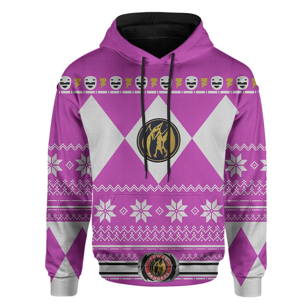 3D Mighty Morphin Pink Power Rangers Ugly Christmas Custom Hoodie