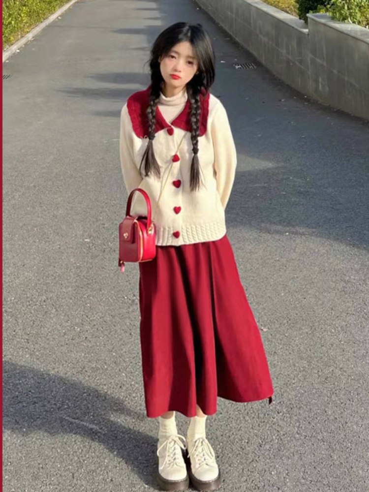 Xgoth Autumn Winter Lovely Suits New Sweet Gentle Peter Pan Collar Age-reducing Sweater + Red Skirt New Year’s Two-piece Sets alx