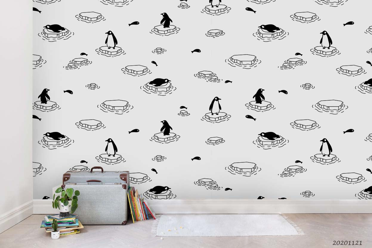 3D Cartoon Hand Drawn Black White Penguin Animal Pattern Wall Mural Wallpaper Lxl