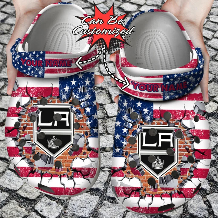 Hockey Crocss – Personalized La Kings American Flag Breaking Wall Clog Shoes