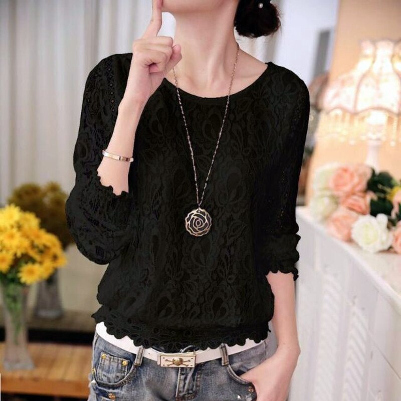 2022 Fashion Summer White Lace Women’s Clothing Long Sleeve Chiffon Women Shirts Blouses Blusas Black Women’s Tops Blouse 51C alx