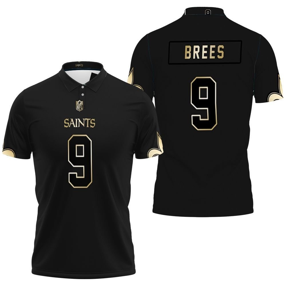 New Orleans Saints 9 Drew Brees Black Golden Edition Mens Jersey Inspired Polo Shirt