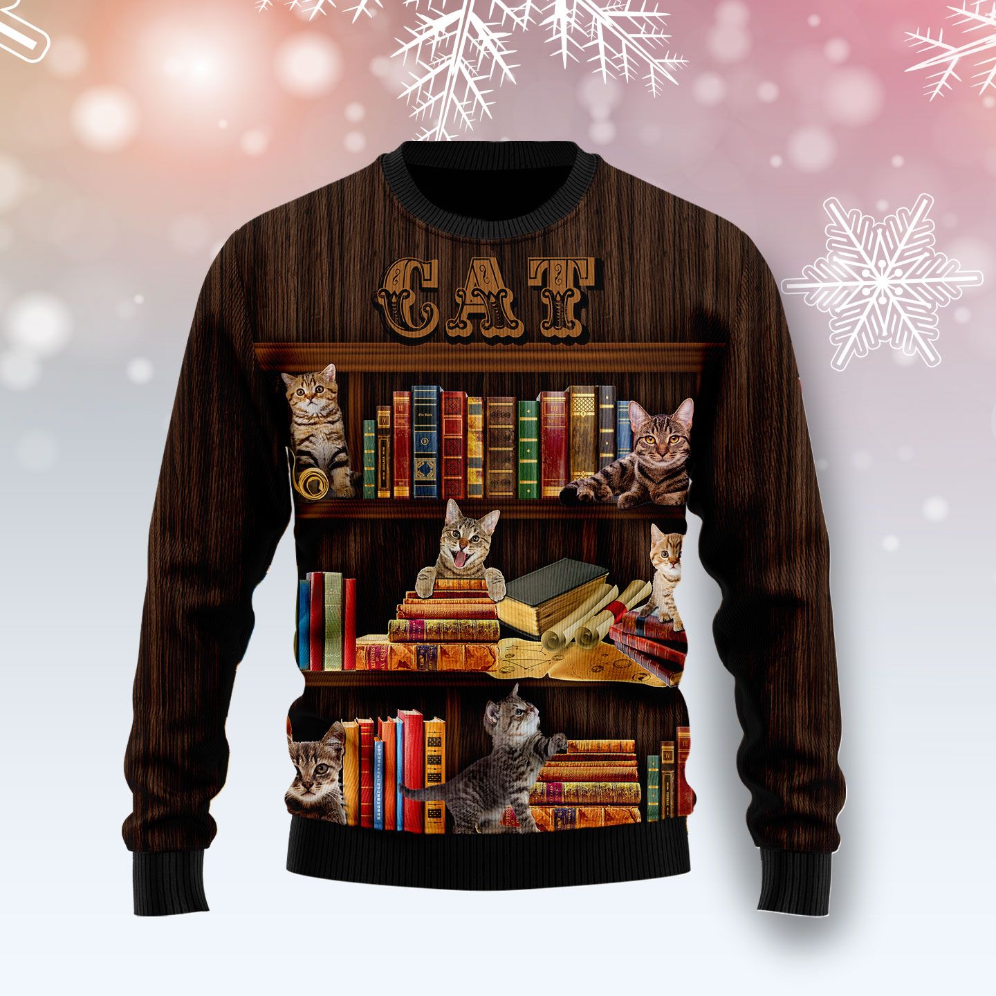 Cat Bookcase Ugly Christmas Sweater | For Men & Women | Adult | Us5055