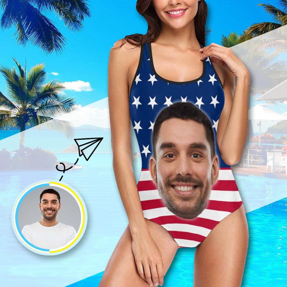 Custom Husband Face American Flag Swimsuit Personalized Tank Top One Piece Bathing Suit Holiday Party