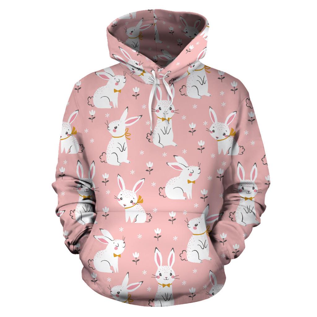 Cute White Rabbit Flower Pink Background Men Women Pullover Hoodie