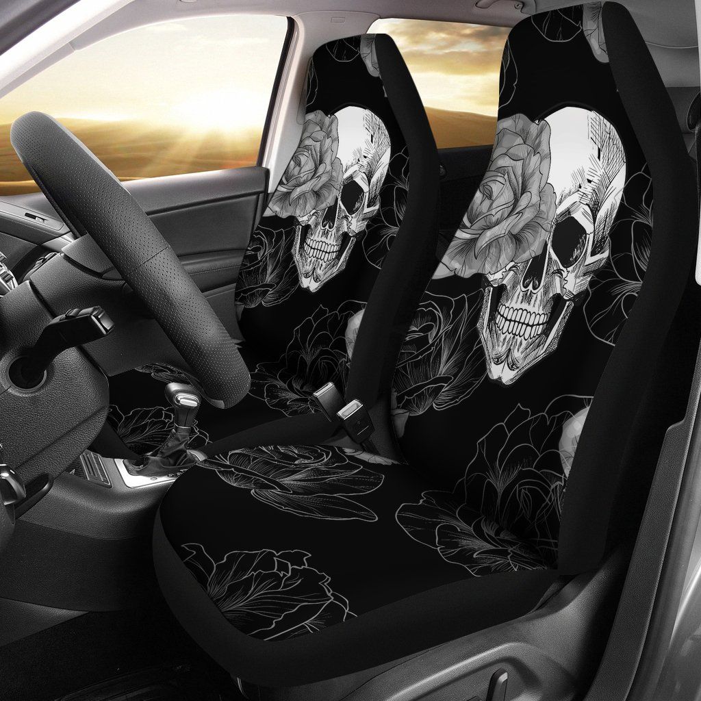 Grey Flower Skull Car Seat Covers  Car Seat Covers  Skullistic Grey Skulls and roses Car Seat