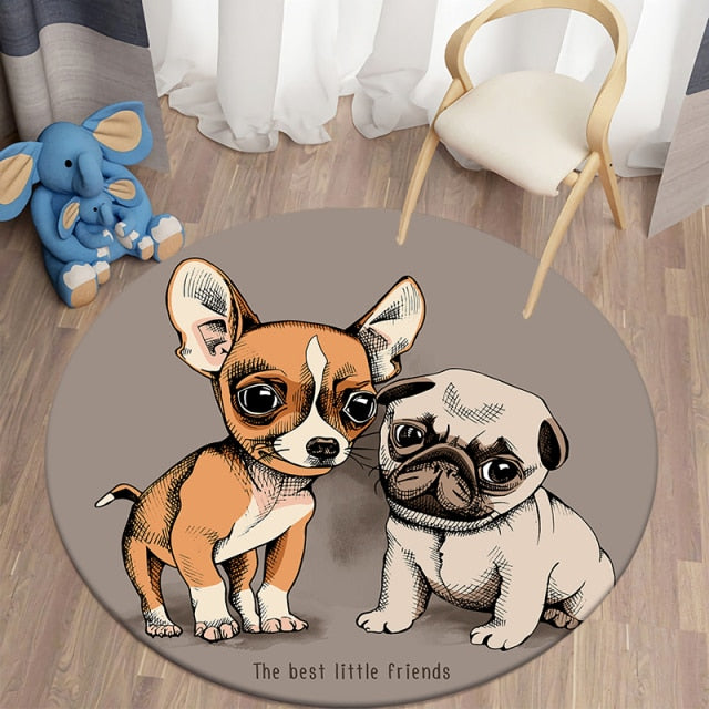 Cartoon Chihuahua & Pug Round Carpets For Children’S Room Living Room Rugs Puppy Soft Flannel Floor Area Rug