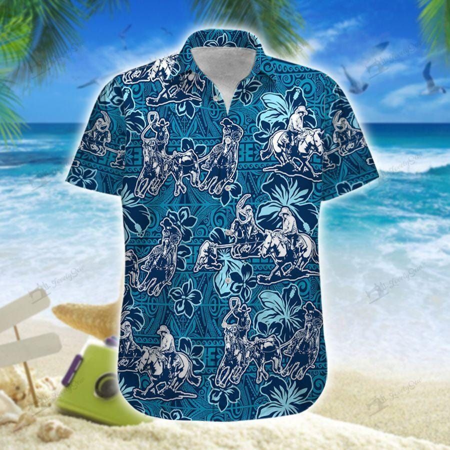 Team Roping Cowboy Blue Tribal Pattern Unisex Hawaii Shirts Ha98713