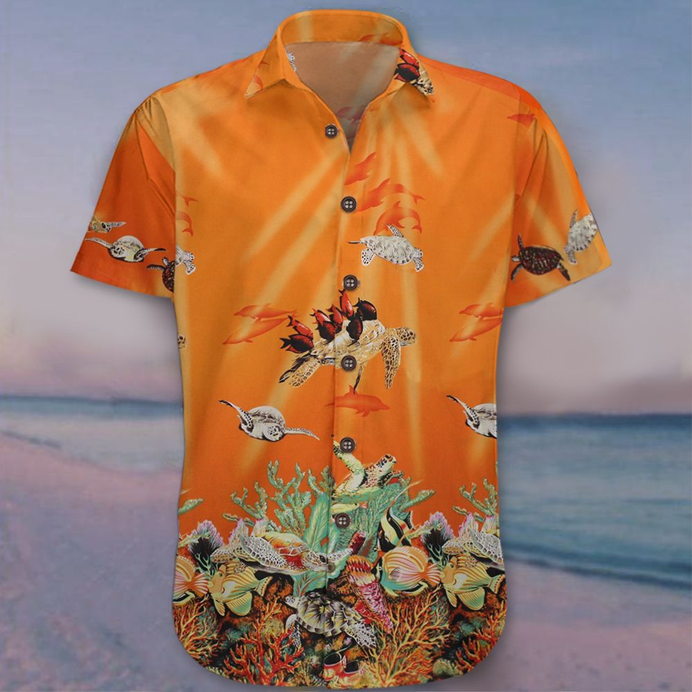 Orange Hawaii Shirt Turtle Under Ocean Mens Beach Vacation Ideas Ha27810