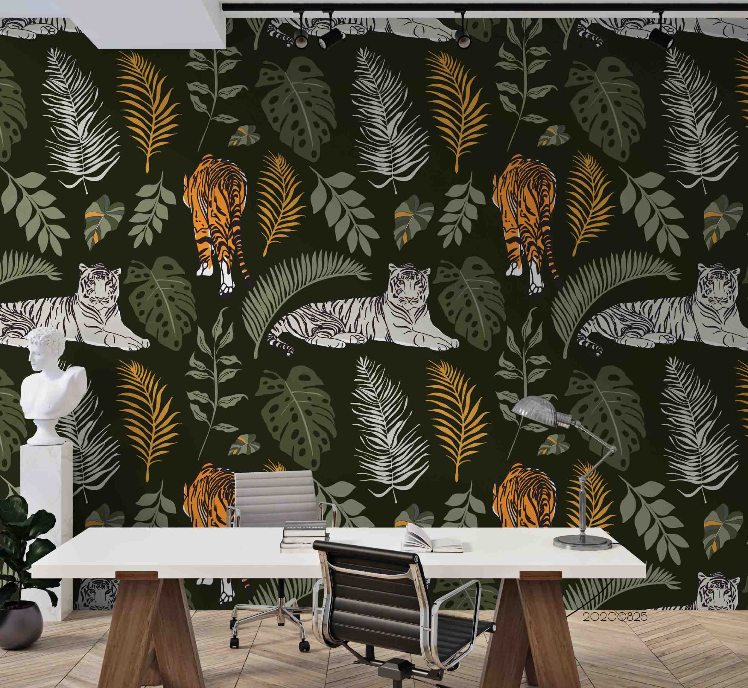 3D Hand Drawn Tropical Leaf Tiger Wall Mural Wallpaper Lqh 108