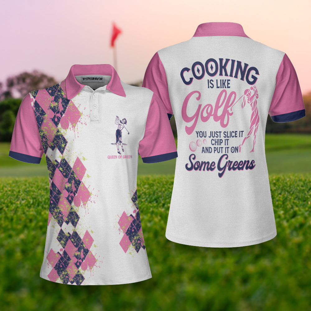 Cooking Is Like Golf Slice Chip And Put On Some Greens Women Polo Shirt, Argyle Pattern Funny Golf Polo Shirt For Ladies Coolspod