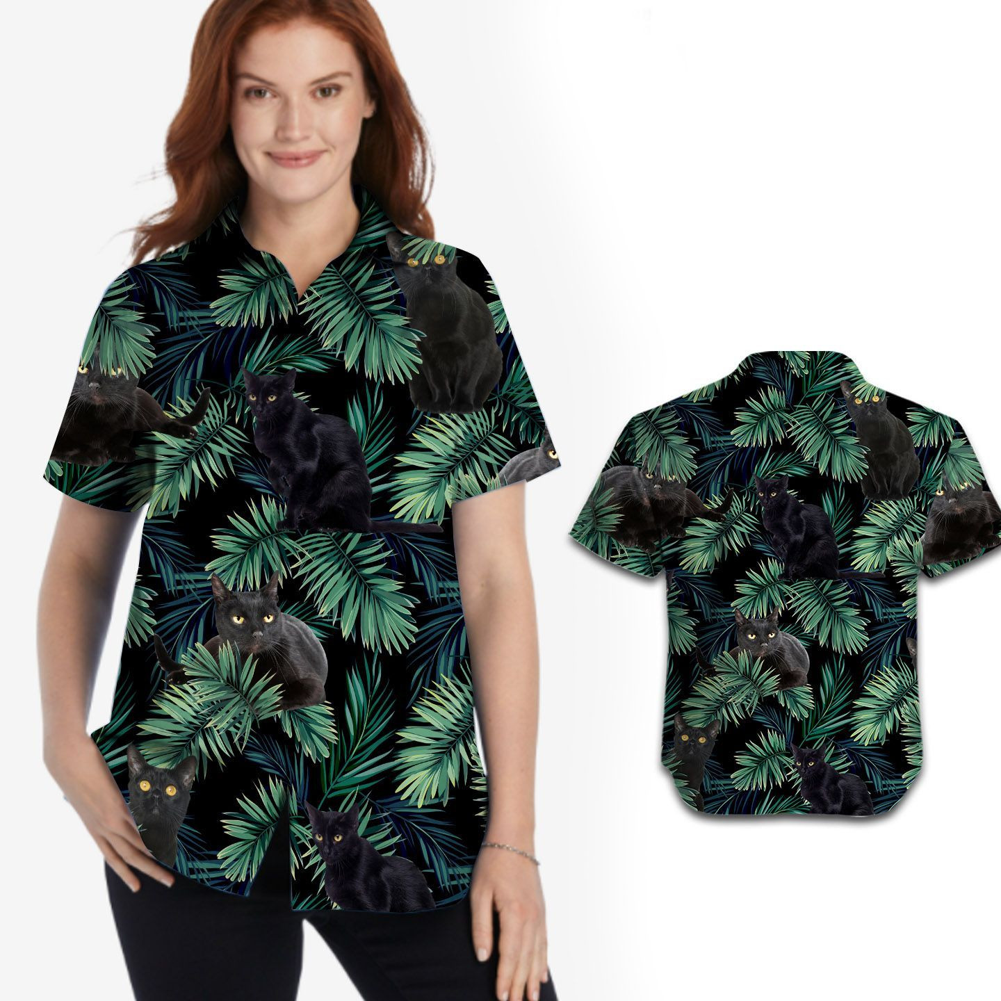 Black Cats Tropical Palm Tree Leaves Women Hawaiian Shirt For Pet Lovers – Gift For Cat Lovers