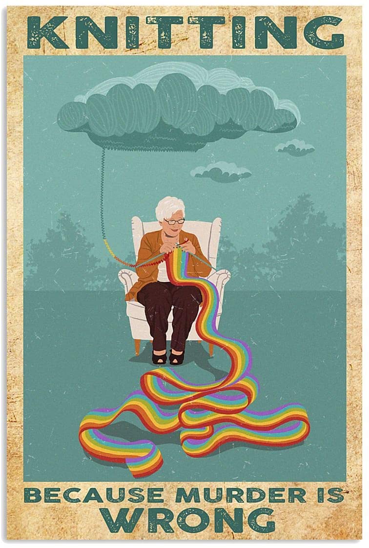 Vintage Old Woman Knitting – Knitting Because Murder Is Wrong Poster Art Print      Home Decor Gift For Men Women Family Friend On Birthday Xmas